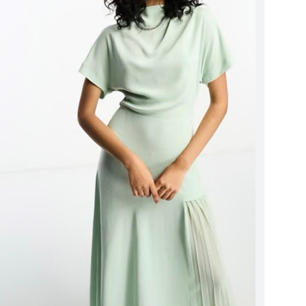 OUT OF STOCK ASOS DESIGN cowl neck midi dress w/asymmetric pleat hem sage green